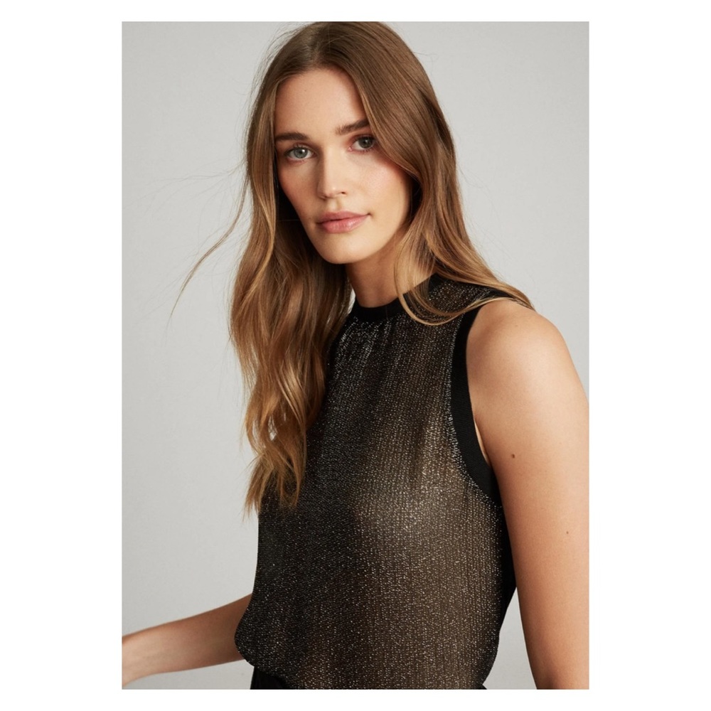 New! REISS Vita Silver Metallic High Neck Top - Picture 4 of 14